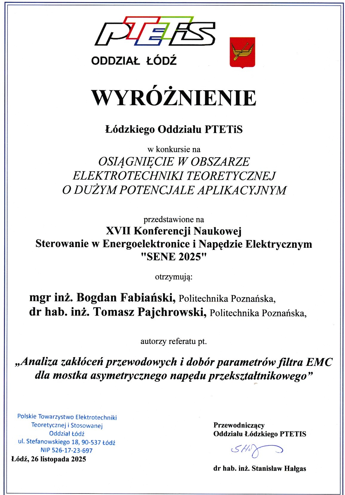 Dyplom mgr. Bogdana Fabiańskiego i dr. hab. Tomasza Pajchrowskiego