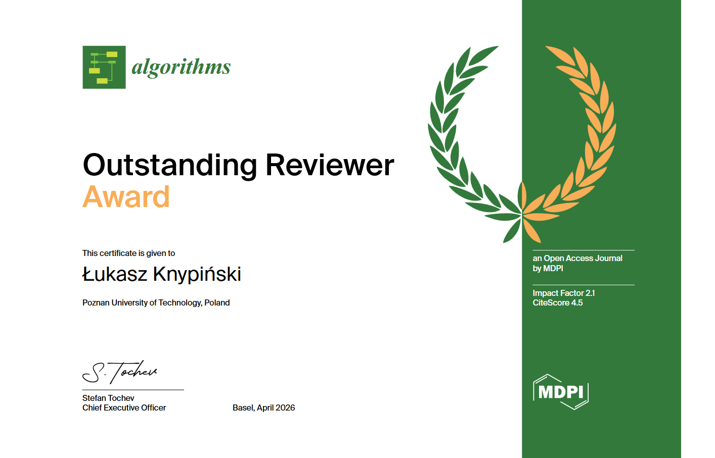Outstanding Reviewer - dyplom Ł. Knypińskiego