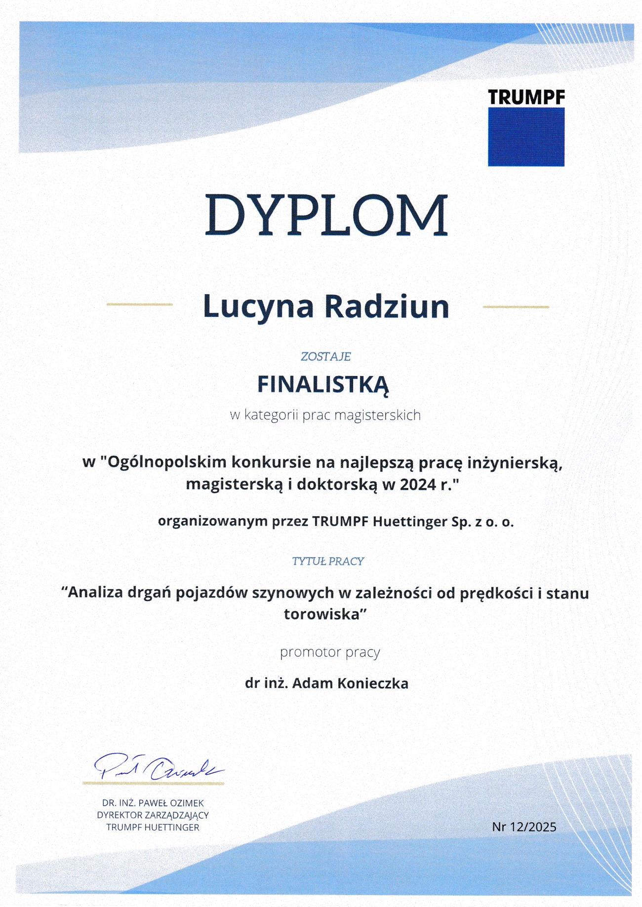 Dyplom mgr inż. Lucyny Radziun