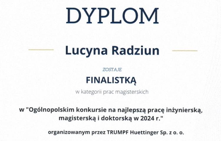 Dyplom mgr inż. Lucyny Radziun